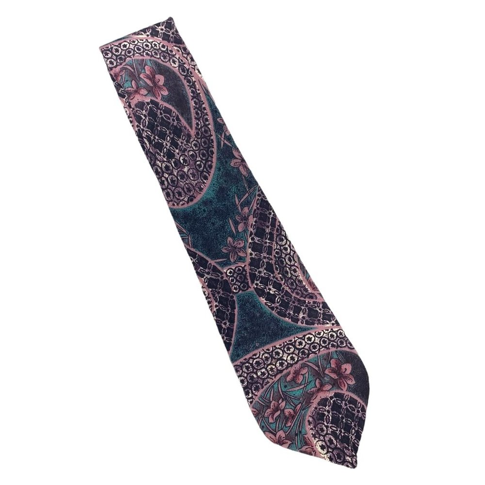 Vintage 90s Oscar De La Renta Purple Green Print Silk Neck Tie